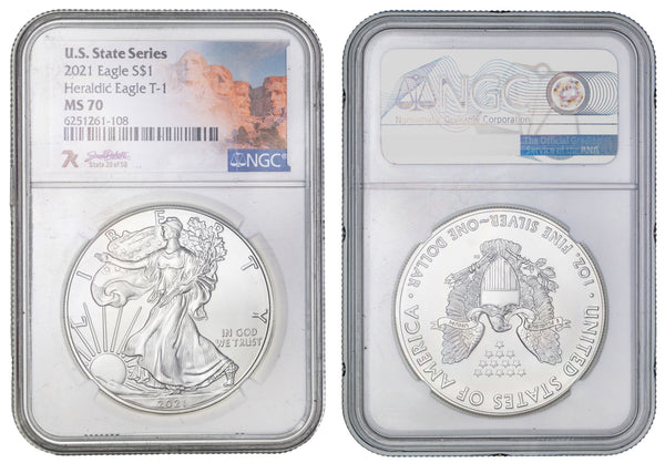 USA 202 $1 1oz Silver Eagle States Series - South Dakota NGC MS70