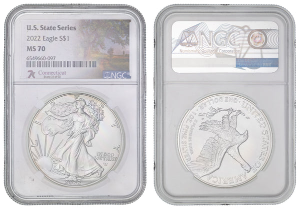 USA 202 $1 1oz Silver Eagle States Series - Connecticut NGC MS70