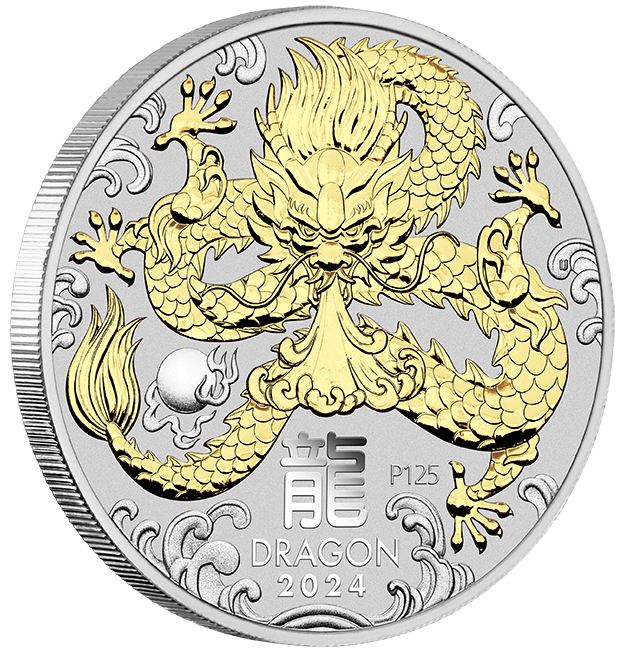 2024 $1 Year of the Dragon Gold-Gilded 1oz Silver Coin