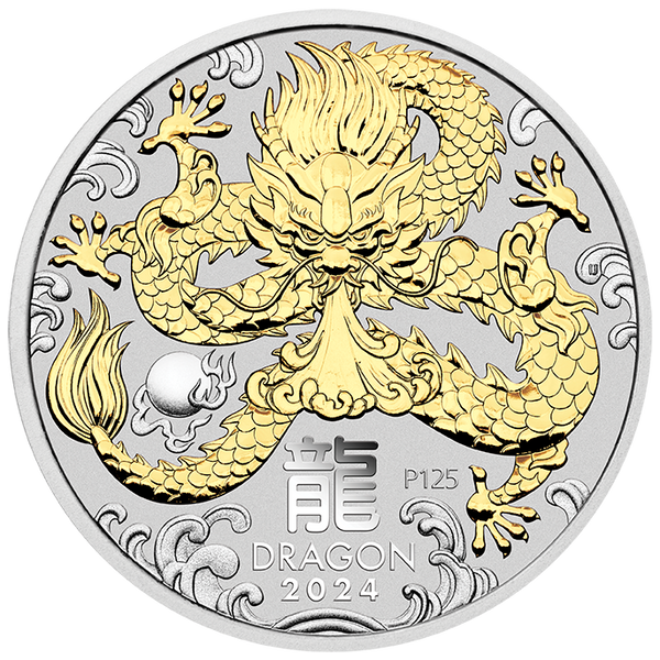 2024 $1 Year of the Dragon Gold-Gilded 1oz Silver Coin