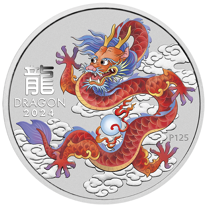2024 $1 Lunar Year of the Dragon Red Coloured 1oz Silver BU