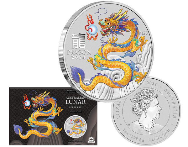 2024 $1 Lunar Year of the Dragon Yellow 1oz Silver Coin Melbourne ANDA Money Expo