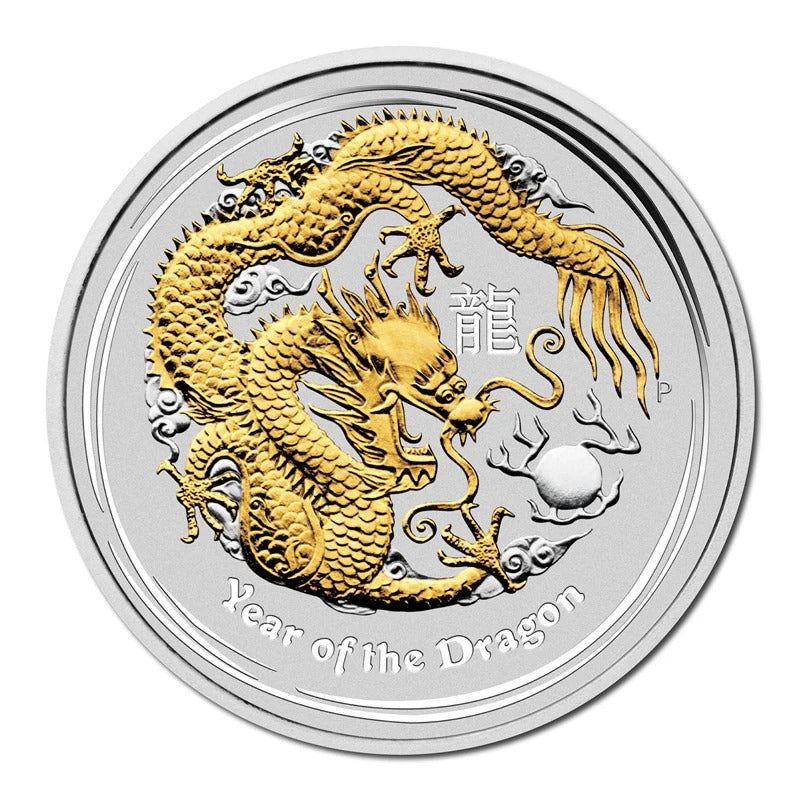 2012 $1 Year of the Dragon 1oz Silver Gold-Gilded Coin