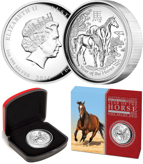 2014 $1 Year of the Horse 1oz Silver High Relief Coin