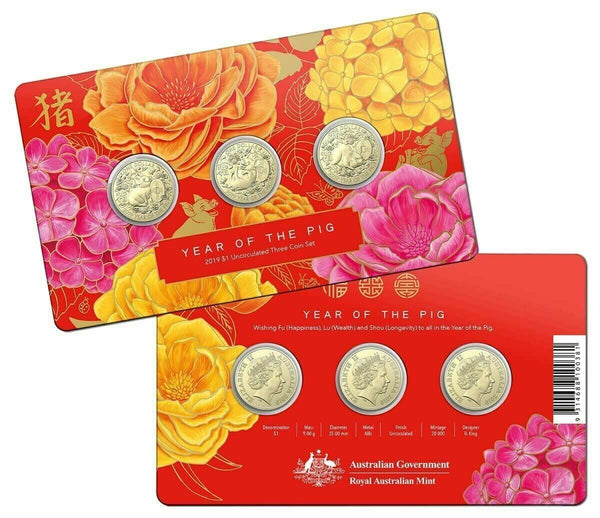 2019 $1 Year of the Pig 3-Coin Uncirculated Set