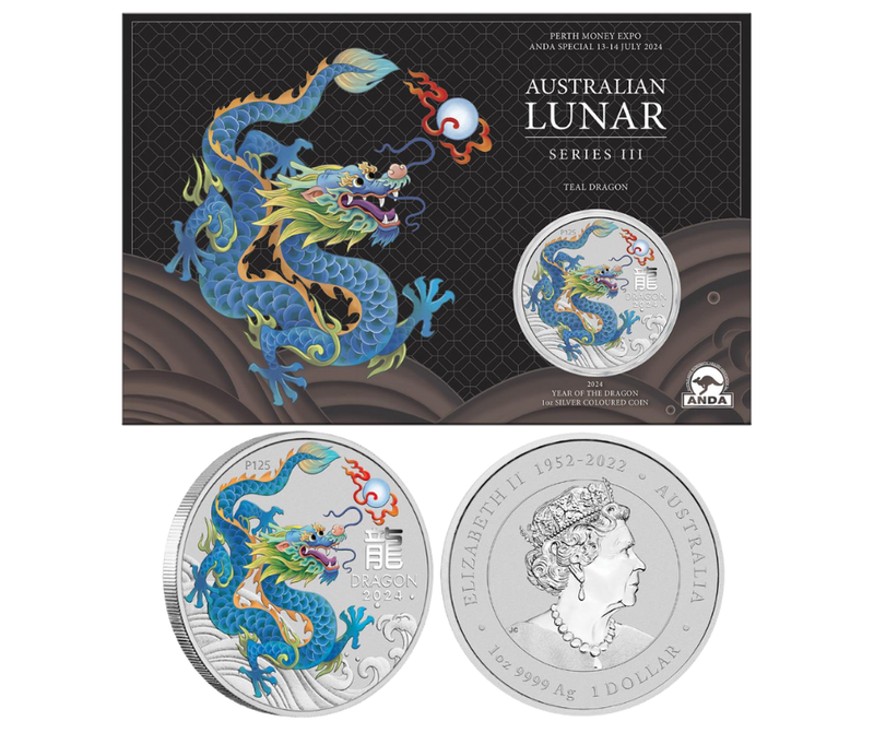 2024 $1 Year of the Dragon Perth ANDA Teal Coloured 1oz Silver Coin