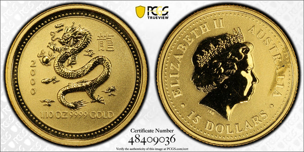 2000 $15 Year of the Dragon 1/10z Gold PCGS MS69