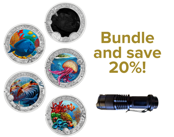 2023-2024 €3 Luminous Marine Life Bundle - 5 coins plus UV Torch