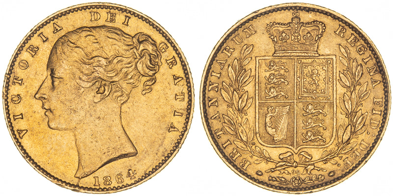 1864 Great Britain Queen Victoria Shield Sovereign Good Very Fine
