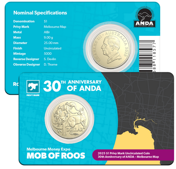 2025 $1 Mob of Roos Melbourne ANDA Map Privy Mark Coin