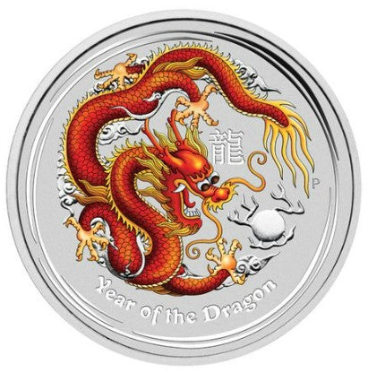 2012 $1 Year of the Dragon Coloured 1oz Silver Proof Coin