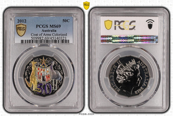 2012 50c Coat of Arms Colourised PCGS MS69