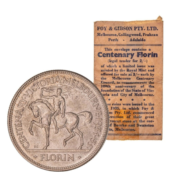 1934/35 Melbourne Centenary Florin Uncirculated with Foy's Bag