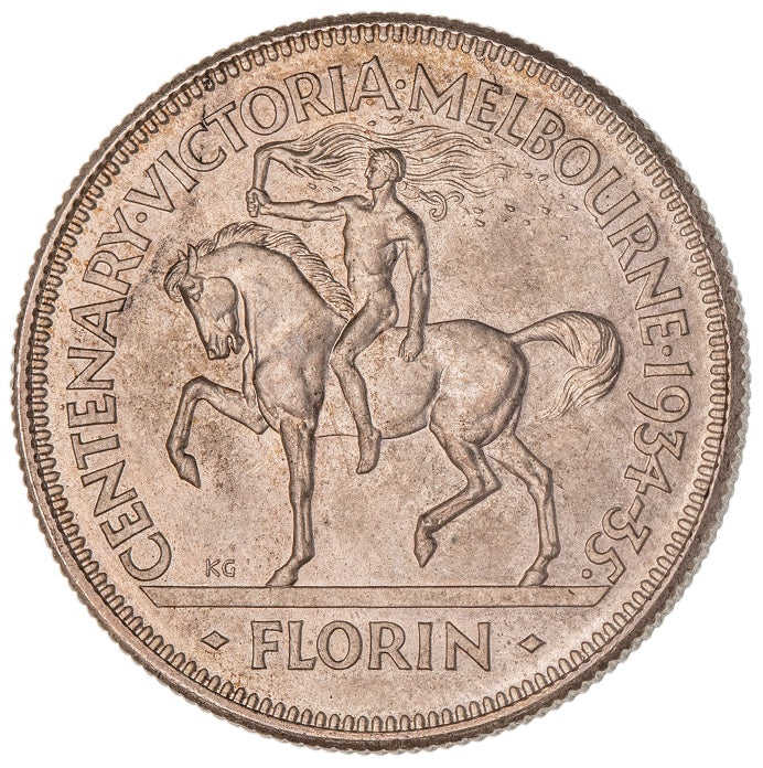 1934/35 Melbourne Centenary Florin Uncirculated with Foy's Bag
